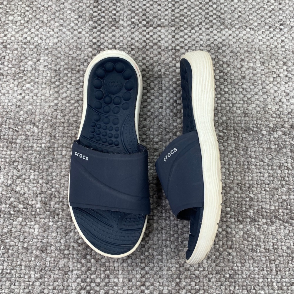 Crocs Reviva Slide Women 9 Navy Blue White Comfort Massage Sandals 205474